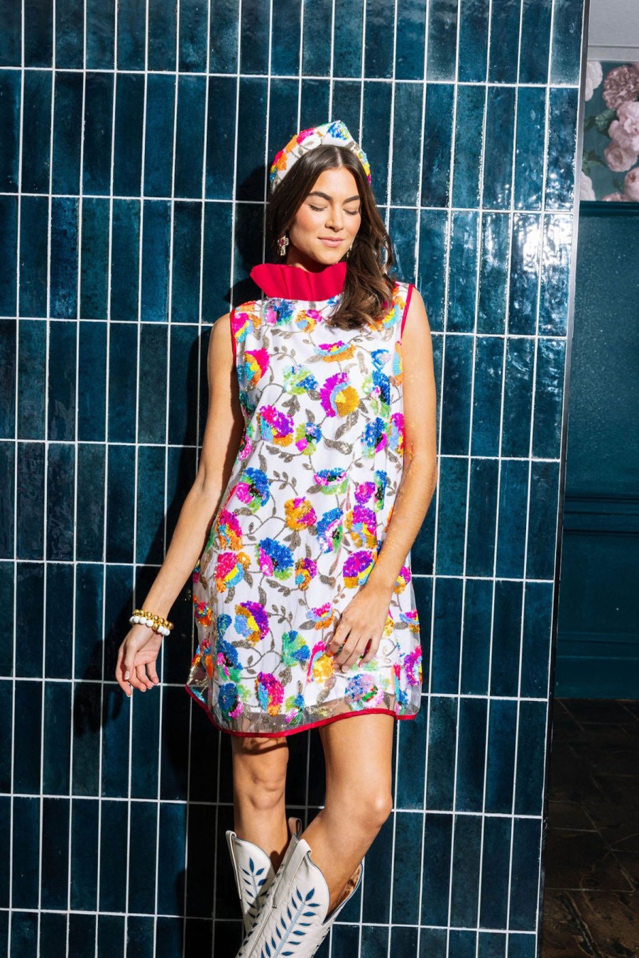 Dresses Brianna Cannon | Audrey A-Line Dress - Bright Sequins With Hot Pink Ruffle