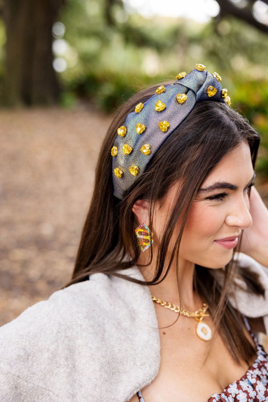 Accessories Brianna Cannon | Gold And Navy Shimmer Headband With Gold Crystal Hearts