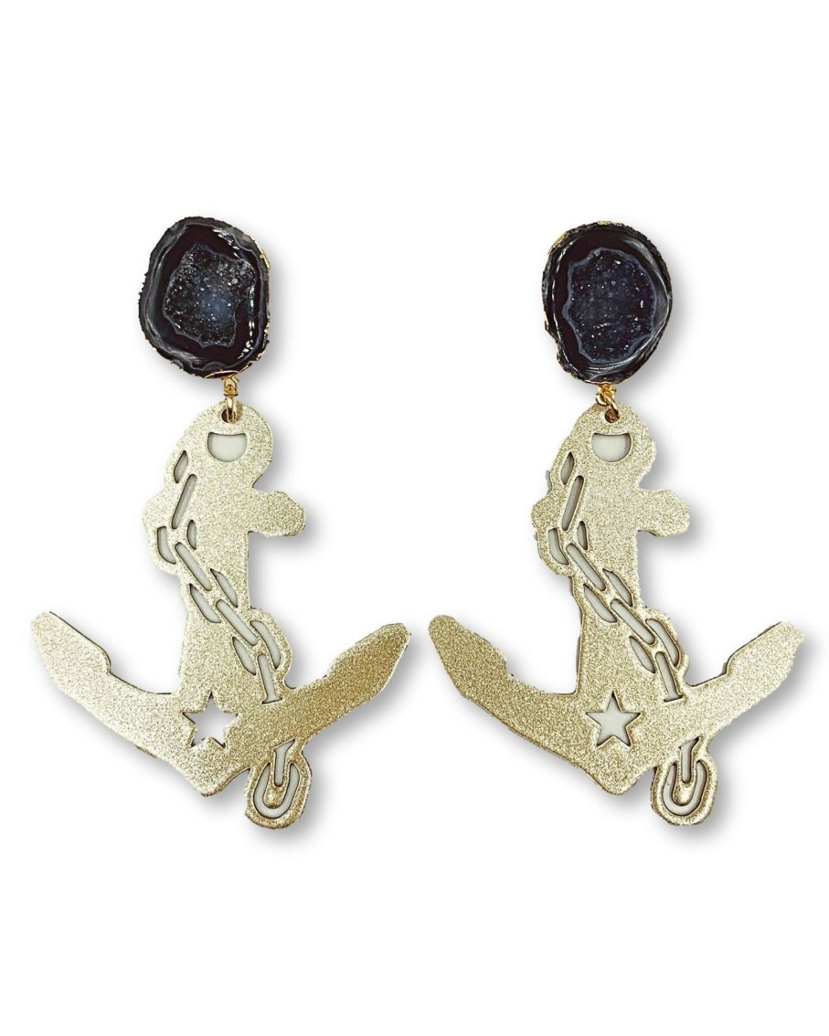 Accessories Brianna Cannon | Vanderbilt Gold Tone Anchor Earrings With Black Geode