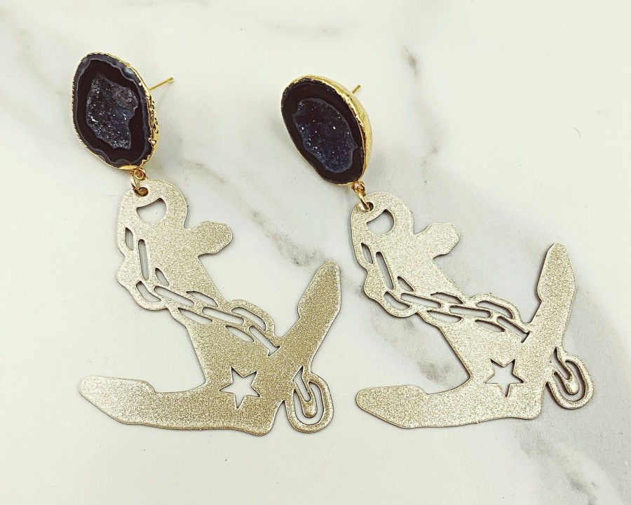 Accessories Brianna Cannon | Vanderbilt Gold Tone Anchor Earrings With Black Geode