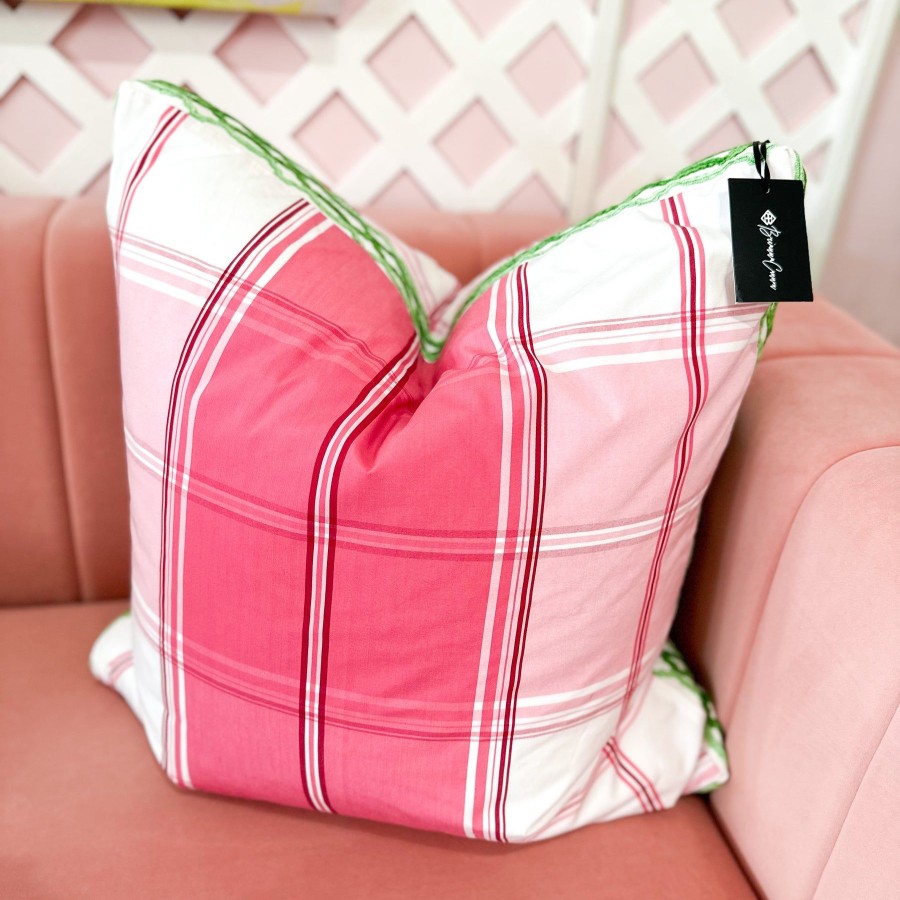 Accessories Brianna Cannon | Thibaut Designer Pillow Cover - New England Plaid In Raspberry With Hartney Trim