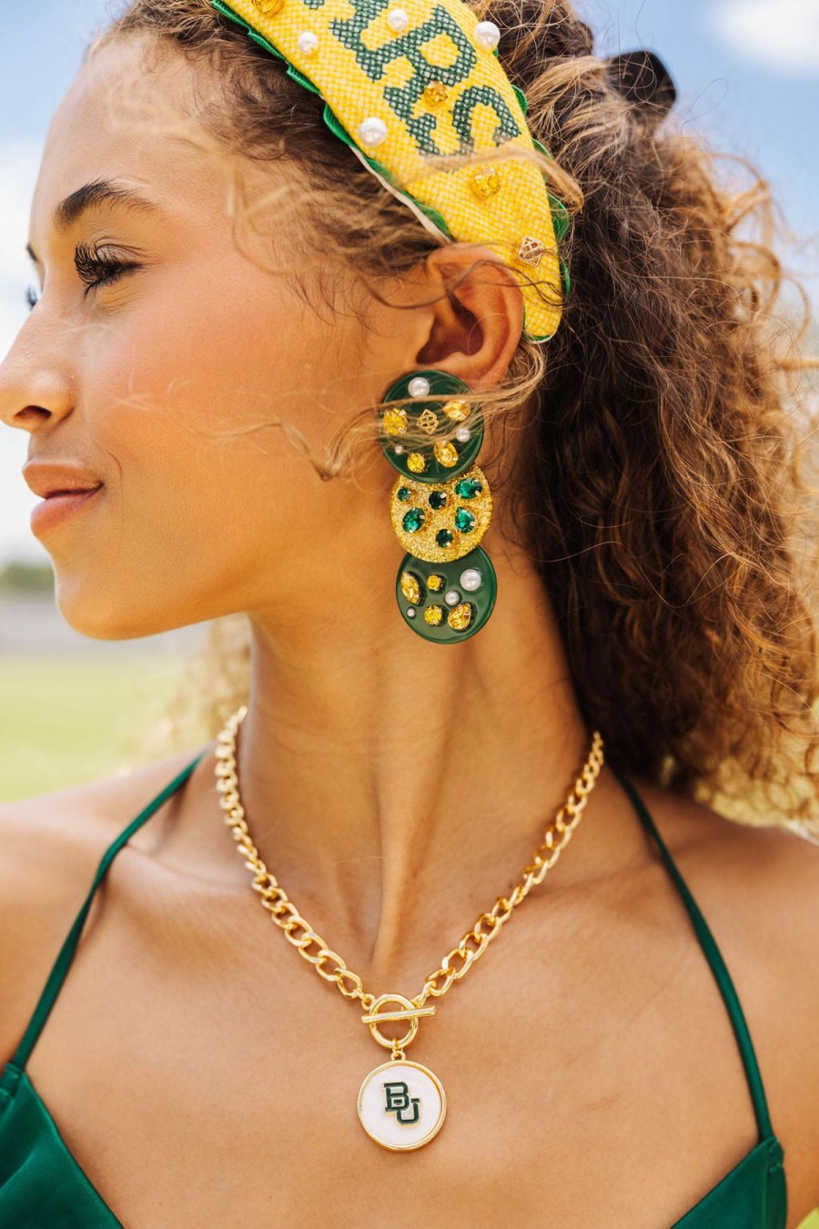 Accessories Brianna Cannon | Green And Gold Triple Dot Earrings