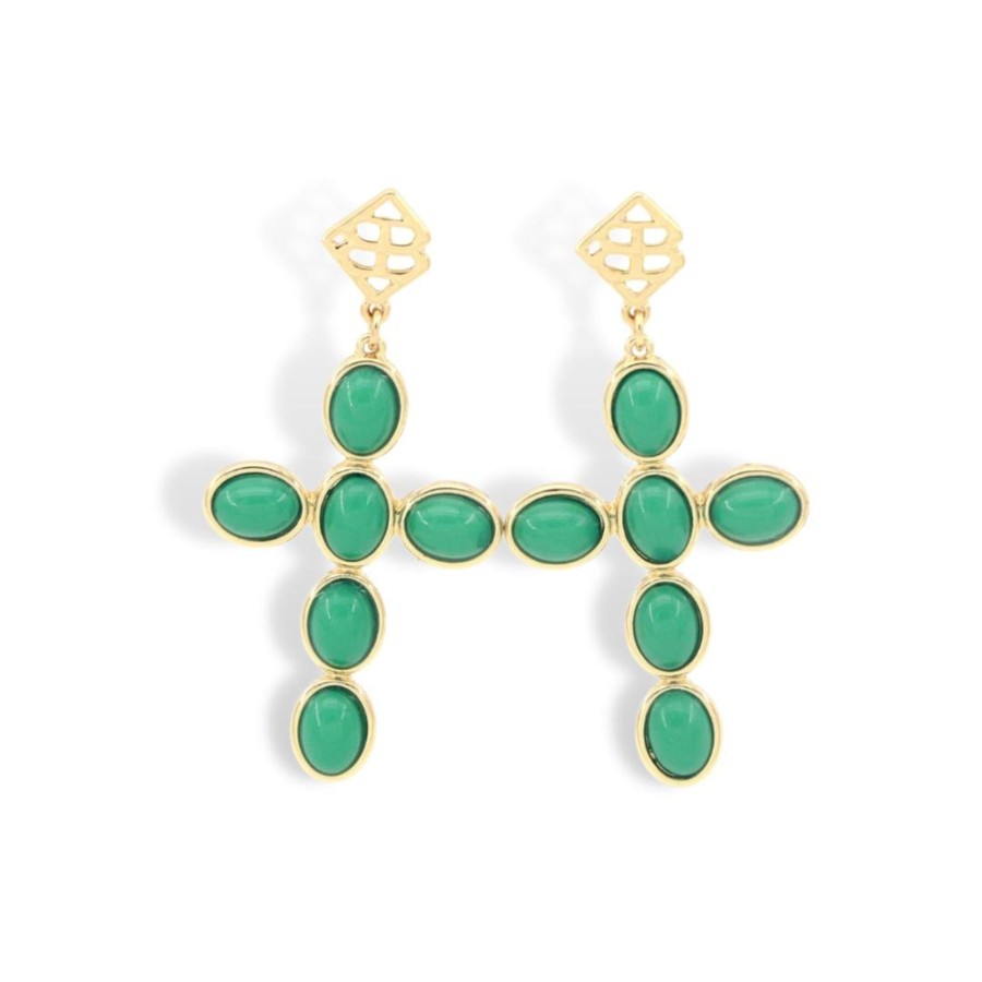 Accessories Brianna Cannon | Green Cabochon Cross Earrings