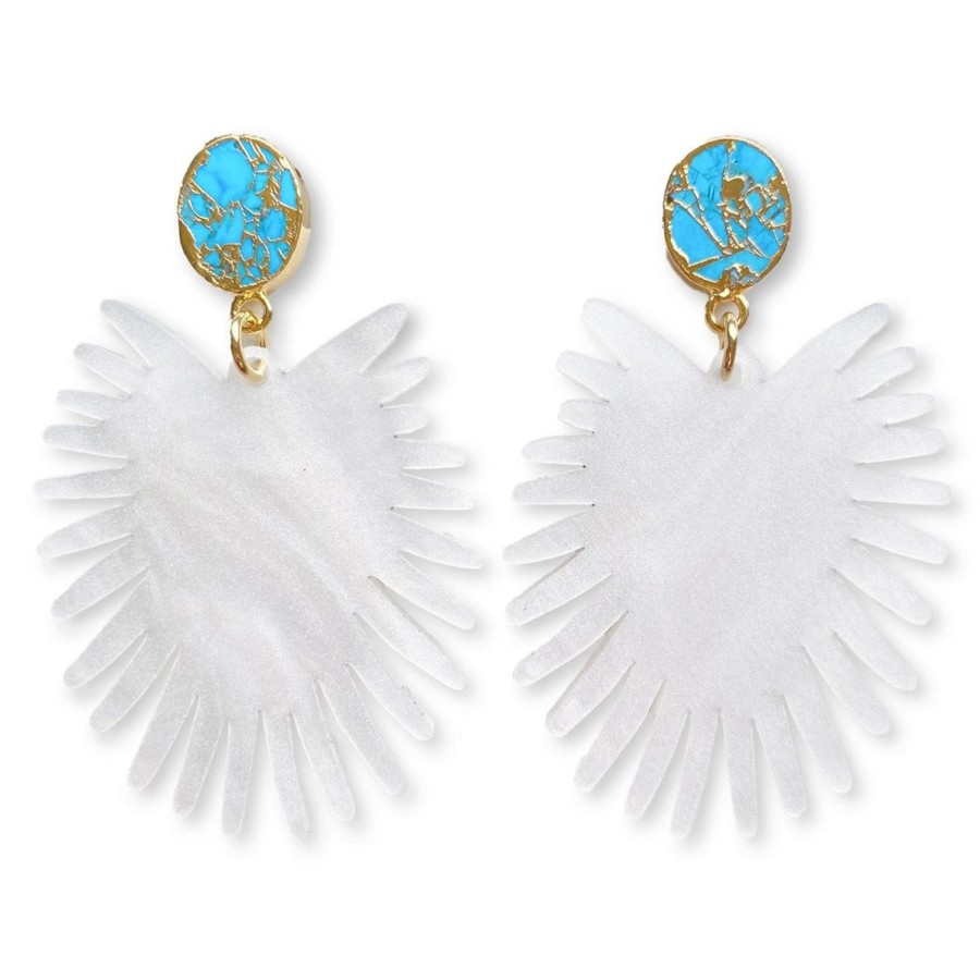 Accessories Brianna Cannon | Spray Palm Earrings - White Pearl Acrylic With Gold Plated Turquoise