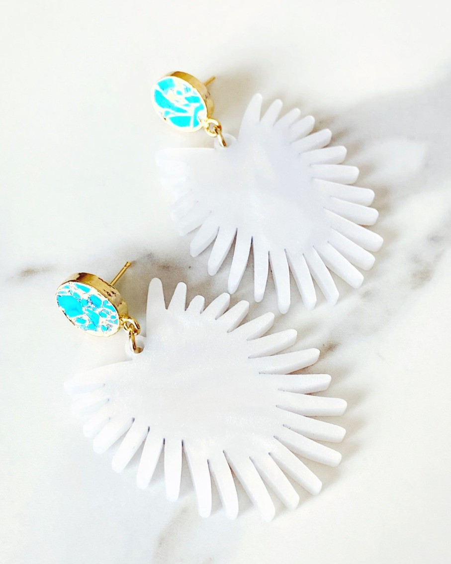 Accessories Brianna Cannon | Spray Palm Earrings - White Pearl Acrylic With Gold Plated Turquoise