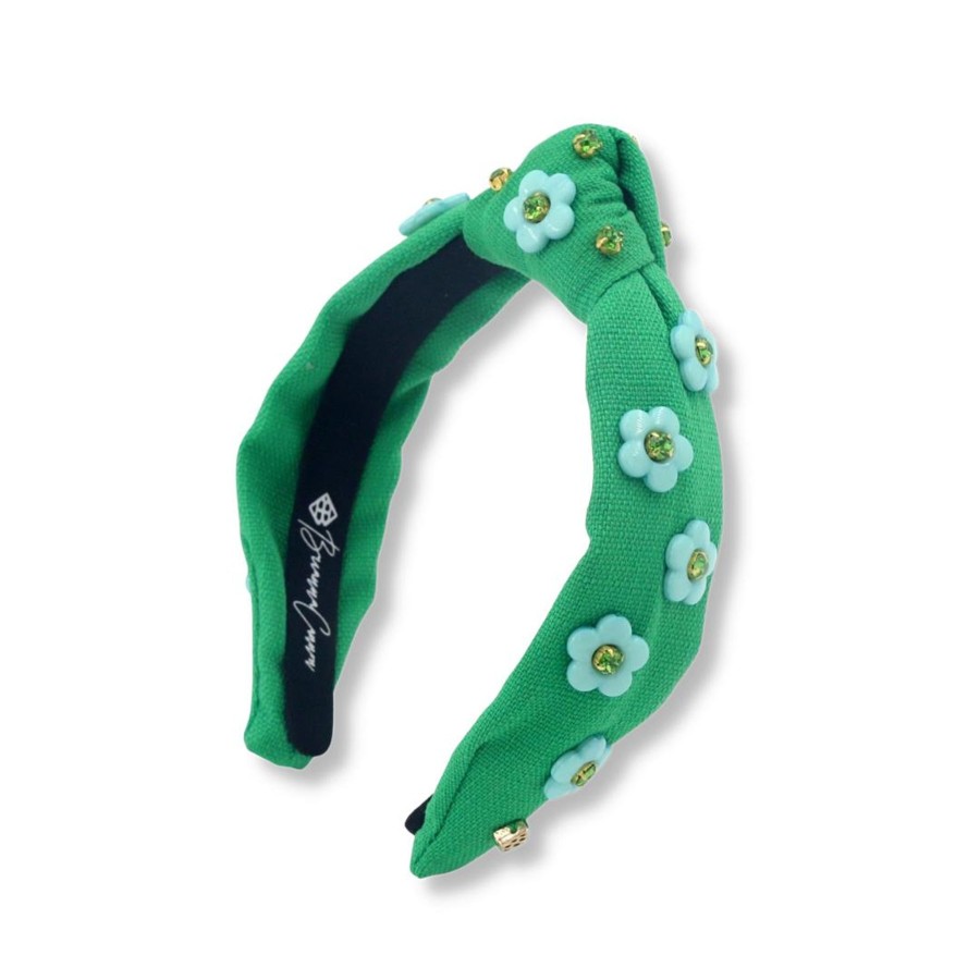 Accessories Brianna Cannon | Child Size Green Twill Headband With Blue Flowers