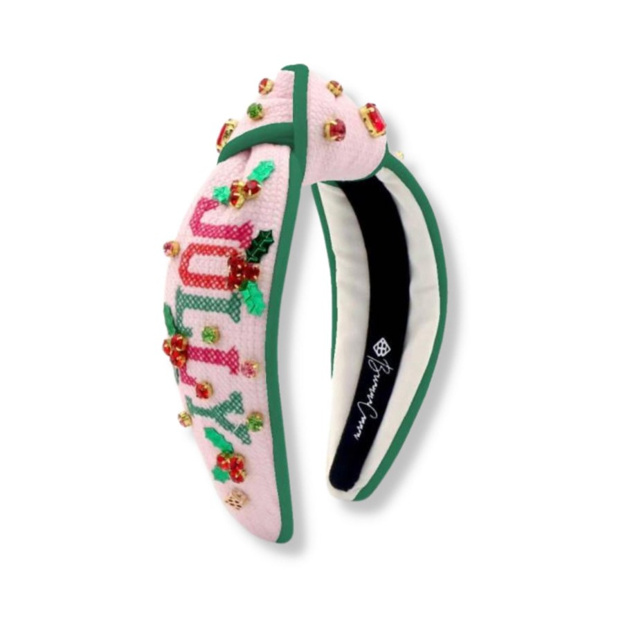 Accessories Brianna Cannon | Child Size Pink Cross Stitch Holly Jolly Headband With Crystals