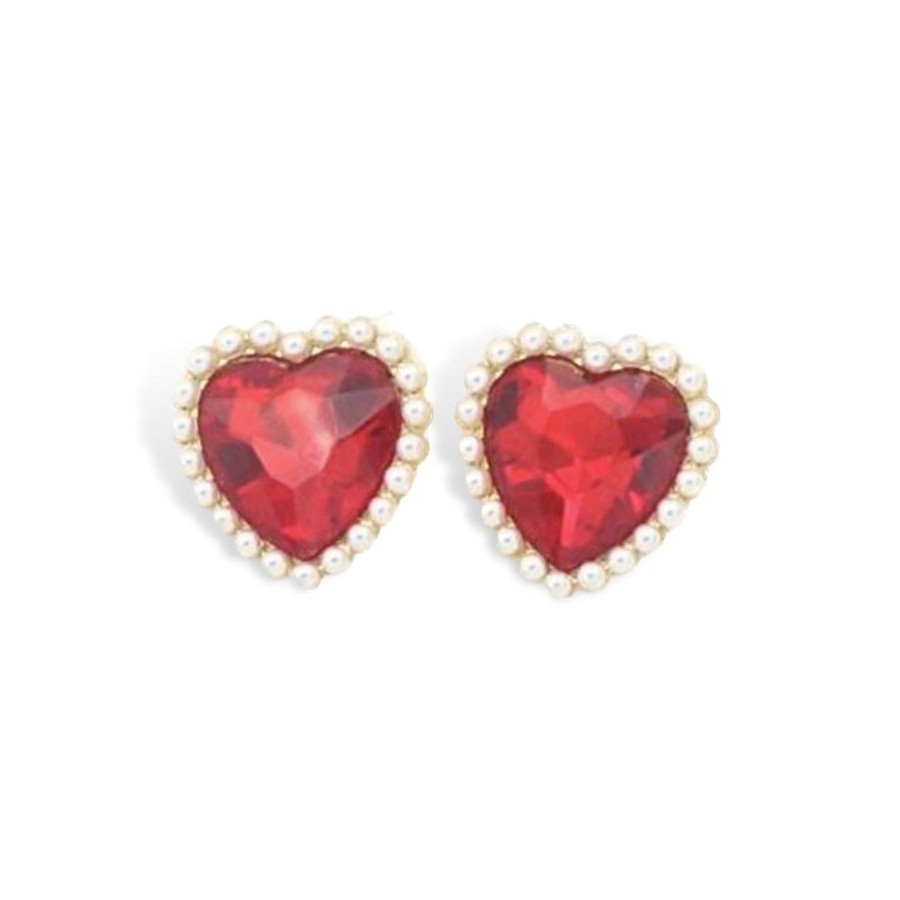 Accessories Brianna Cannon | Red Crystal And Pearl Heart Studs