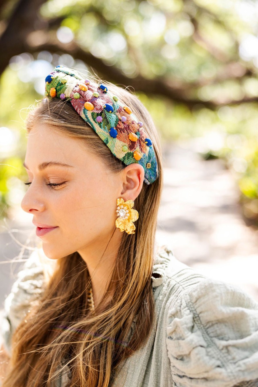 Accessories Brianna Cannon | Multicolor Floral Tapestry Headband With Cabochons