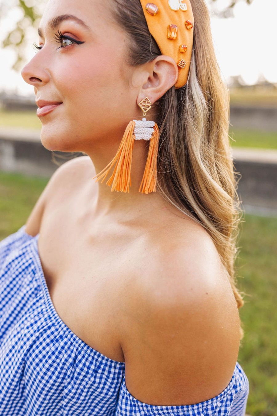 Accessories Brianna Cannon | Color Block Tassel Earrings - Orange And White